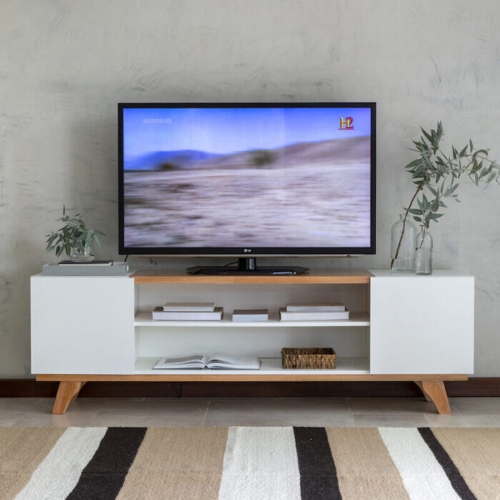 Rack De Tv Silcar 180x57,5x40 Blanco Eucalipto Laqueado
