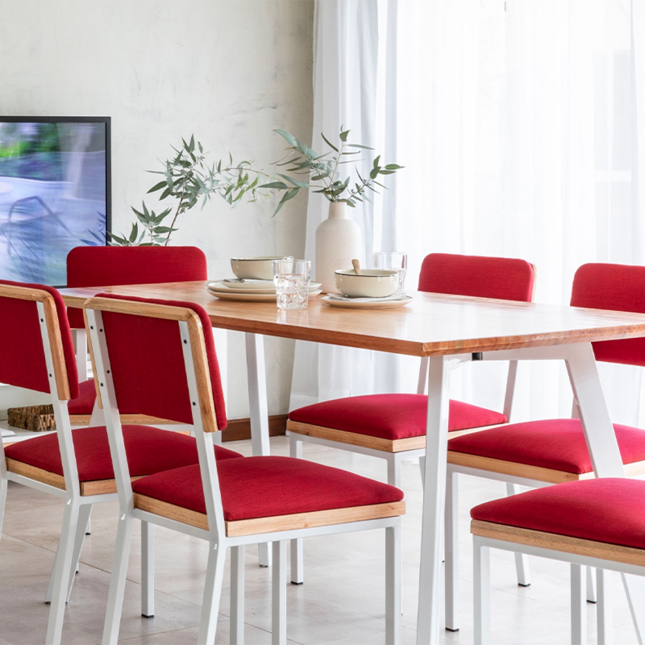 Imagen Mesa De Comedor Sil-car Tinca 150x80 Eucal Ca&ntilde;o 60x30 Blanco Brill