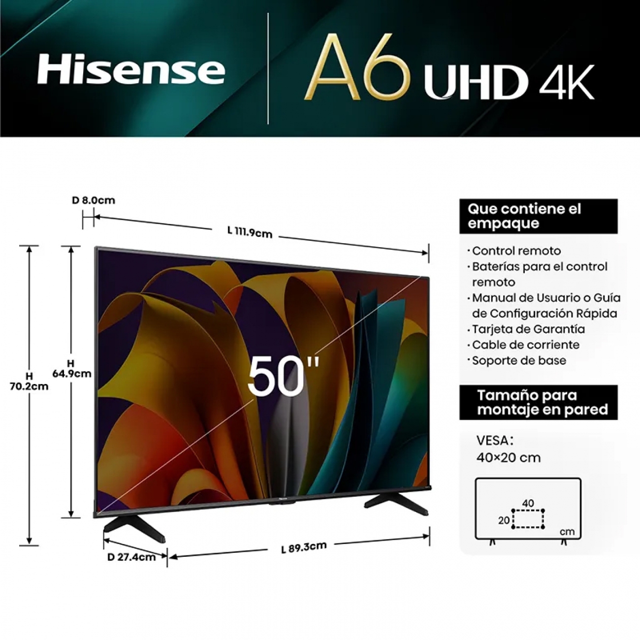 Imagen Smart Tv Uhd 50" Hisense 50a64n 4k Usb Hdmi Sist Op Vidaa
