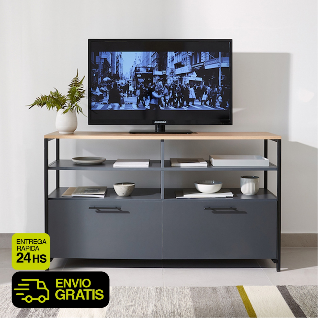 Imagen Rack de TV Silcar 140x80x39 Ca&ntilde;o Negro Mela Olmo Grafito